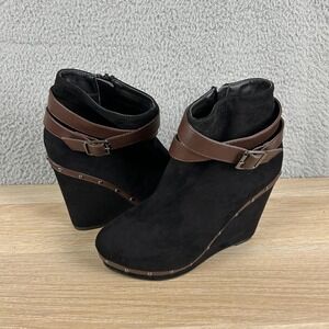 Red‎ Circle Wedge Ankle Booties Womens 8.5 Black Brown Strap Studded Side Zip